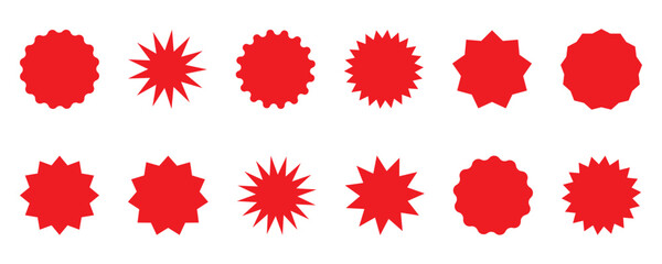Set of red star burst labels isolated on transparent background. Circle sticker set. Wavy edge promo red badges. Star burst shape tags for price. Blank sale stickers. 