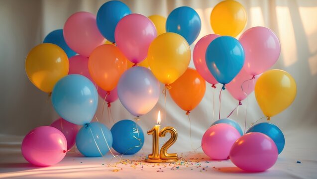 Colorful balloons celebrate a birthday candle marked with the number 12 for a festive occasion.