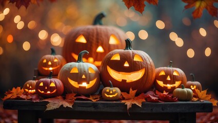 Bright Jack-O'-Lanterns Surrounded by Leaves Festive Decor