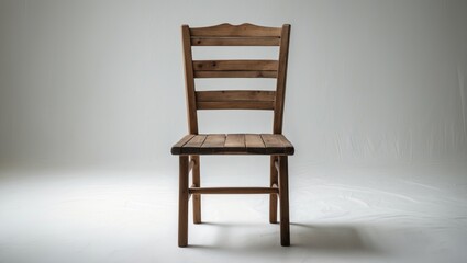 Front view of a wooden chair set against a white background.
