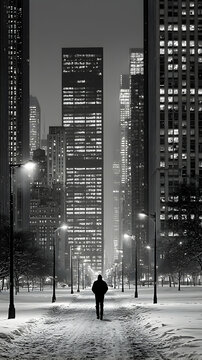 Fototapeta Solitary Figure Walking Snowy City Street at Night