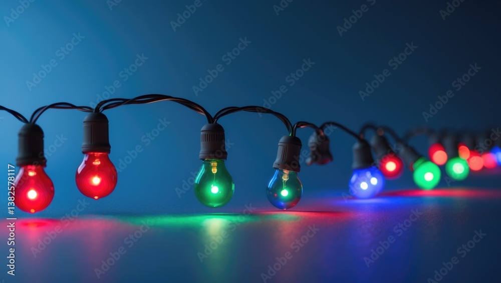 Poster christmas lights string across a background with space for text.
