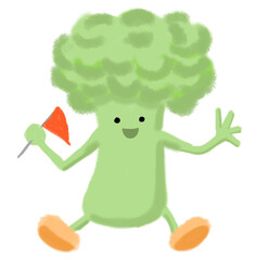 A cheerful brown broccoli holding a red flag in crayon-style cartoon, PNG with transparent background, promoting healthy eating and fun, especially for children’s education.

