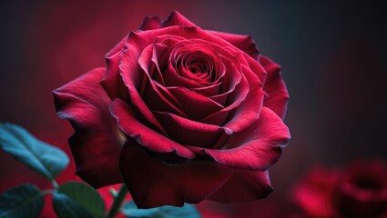 Close-up perspective of a stunning dark red rose.