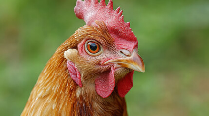 Close-up of a chicken showcasing its features and vibrant colors.