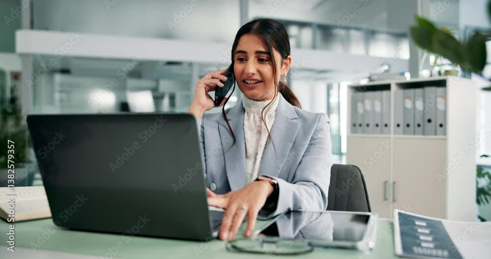 Poster feedback, laptop and phone call with business woman at desk in office for administration or research