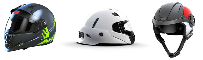 Fototapeta premium 3D model set of helmets in PNG format with transparent background, cut-out top view, ideal for safety gear presentations, showcasing protective headgear for construction and industrial use, promoting