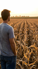 Man Contemplating a Ripe Cornfield at Sunset