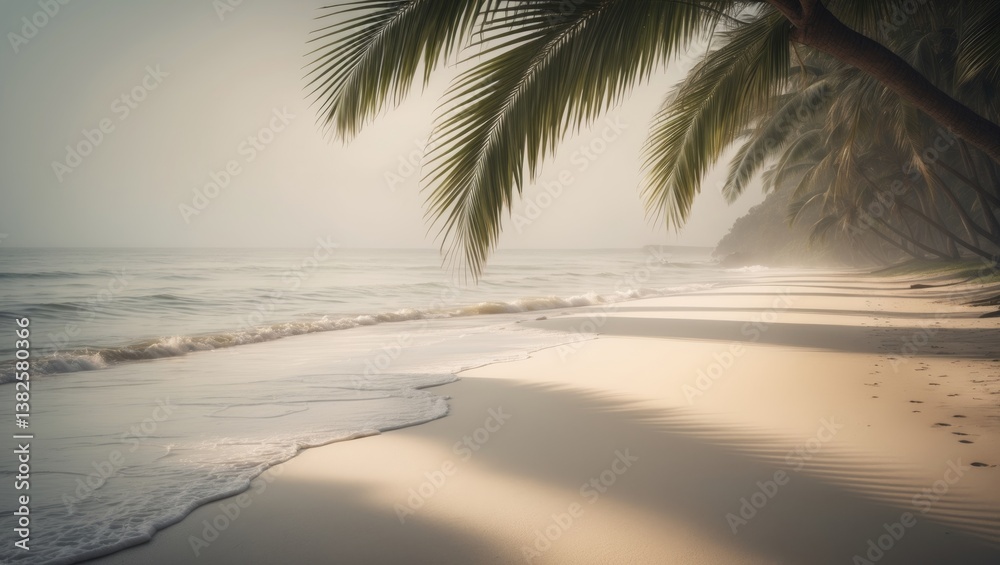 Poster palm leaf silhouette on sandy background with sunlight sparkling on water surface.