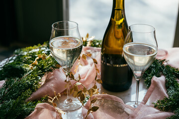 Sparkling wine served for a celebration in a bar or a restaurant.
