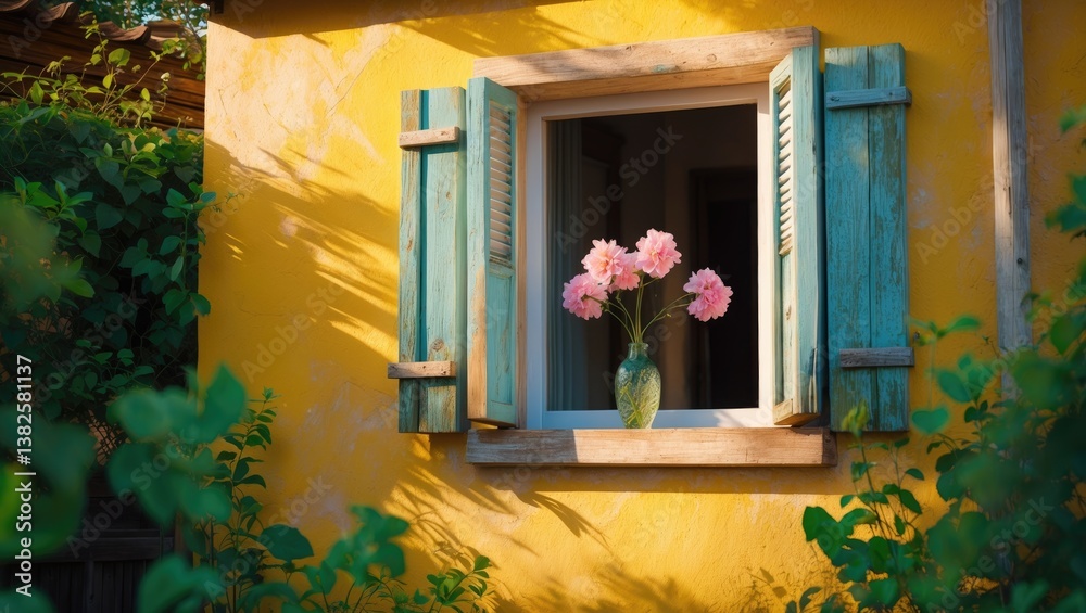 Poster open window featuring flowers placed on the windowsill.