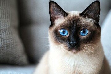 A beautiful cat with bright blue eyes looking directly at viewer