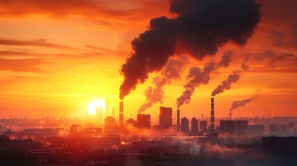Obraz premium Industrial skyline at sunset with smoke and pollution creating a dramatic atmosphere.