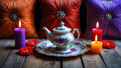 colorful cushions in a ceramic teapot accompanied by colored candles