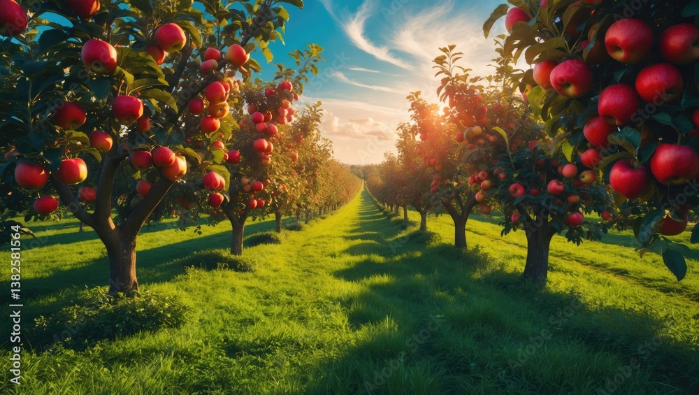 Aufkleber orchard filled with red ripe apples on branches. two rows of fruit-laden trees seen under a clear bl
