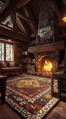 Fototapeta premium Cozy living room interior with fireplace rug wooden beams and