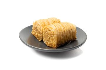 Rolled Baklava Isolated, Ramadan Dessert Roll on Restaurant Plate, Eastern Sweet Pastries