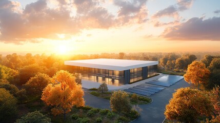 Fototapeta premium Modern building surrounded by nature at sunset, showcasing contemporary architecture.