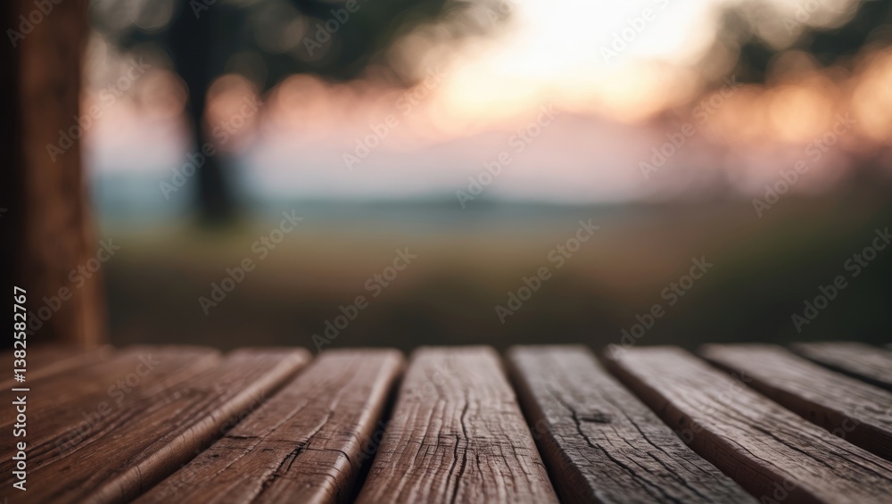 Poster old wooden table on natural background in light, backdrop for montage or product display