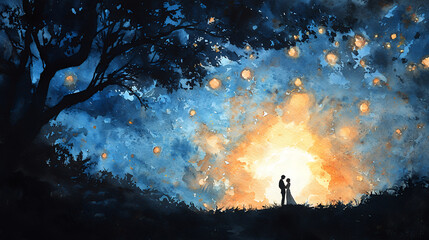 Obraz premium romantic couple embraces under starry sky, surrounded by glowing lanterns and vibrant sunset. scene evokes love and tranquility