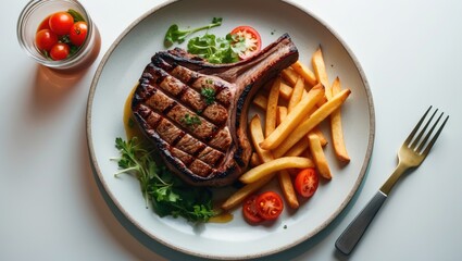 Seasoned marinated grilled T-bone steak presented with French fries, salad greens, and roasted tomatoes on a plate, captured from a high angle.