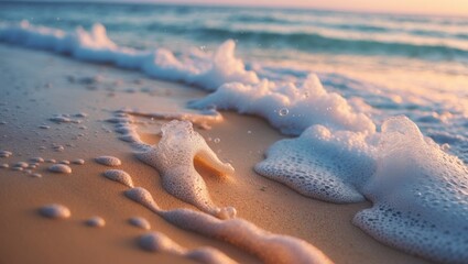 Sea wave with bubbles crashing onto the sandy beach wallpaper featuring a flare effect.