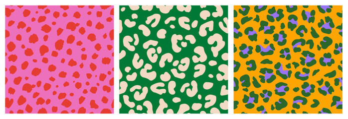 Set of Abstract leopard skin seamless patterns. Animal print vibrant color design. Geometric folklore ornament for background, textile, fabric, packaging, poster, wallpaper. Vector illustration.