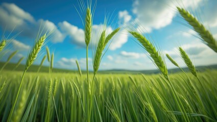 Seedlings of young shoots in a field during springtime. Green wheat shoots against the sky and clouds. Slow motion. The concept of life, growing sprouts. Wheat cultivation. Green grass in the field.