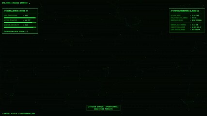 Retro green computer terminal interface animation. Simulates sci-fi system monitoring or hacking with flickering screen, scanlines, data panels, and particle network background.