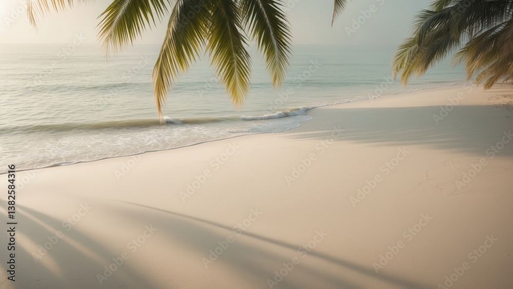 Poster palm leaf shadow on sand backdrop with sun sparkle on water surface.