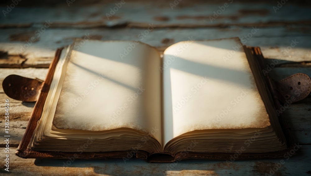 Poster open empty pages of an old book on a wooden backdrop