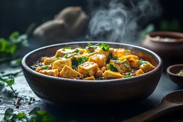 Moody Food Photography Spicy Mapo Tofu Dish (AI Image)
