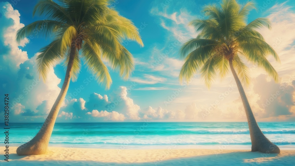 Poster palm tree on a tropical beach featuring blue sky and white clouds as an abstract backdrop. space for