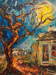 Fototapeta premium Painting of a tree and house under a yellow moon
