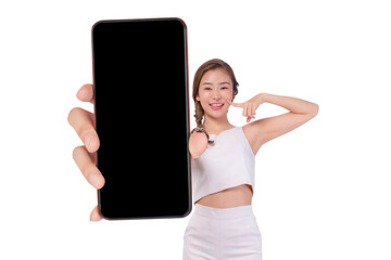 Portrait of a beautiful Asian woman presenting a big smartphone with a blank black screen, isolated on a transparent background, suitable for showcasing mobile app, technology, or advertising concepts