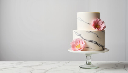 Elegant marble wedding cake decorated with pink flowers  