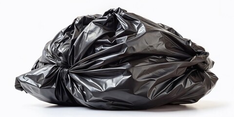Black Plastic Garbage Bag on White Background - Isolated Studio Shot