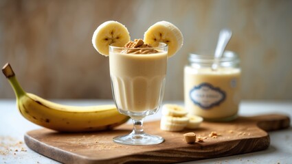 A glass of banana peanut butter smoothie arranged on a wooden cutting board.