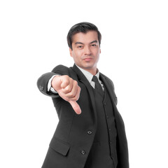 Businessman Showing Thumbs Down Gesture- Confident Professional Man in Black Suit Expressing...