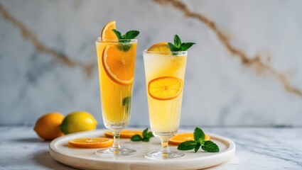 Fototapeta premium Detox fruit-infused water, featuring a refreshing cocktail made with lime, lemon, orange, rosemary, mint, and ice in a glass, set against a dark background. Cold beverage and cocktail.