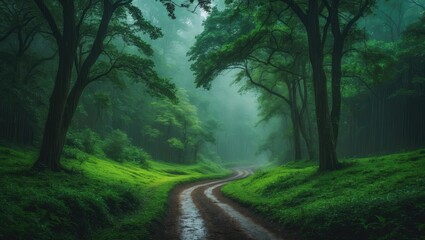 Fototapeta premium Scenic vibrant green forest landscape on a rainy day. A trail beneath trees in a dense forest. Colorful view with a pathway through green grass and foliage. Lush natural green backdrop.
