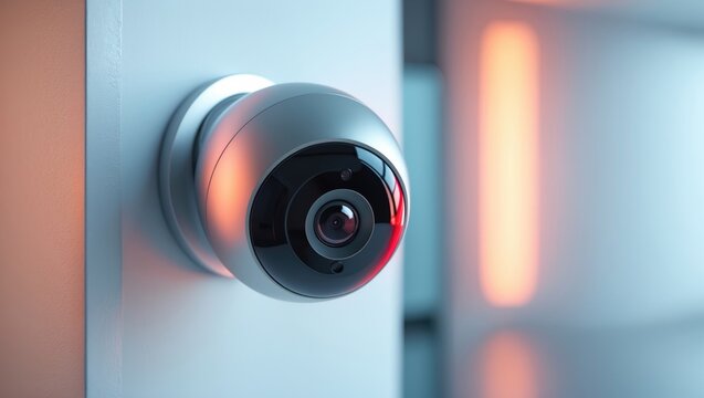 Ceiling-mounted security camera in an office building. Smart cameras can capture video both during the day and at night. This ensures protection against theft. Surveillance camera.