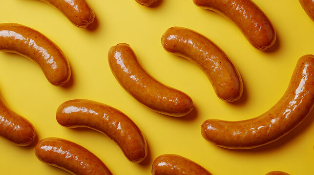 Juicy sausages arranged on a vibrant yellow background creating a pattern