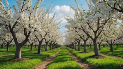 Fototapeta premium Organic farming featuring rows of white-blossoming pear trees in fruit orchards.
