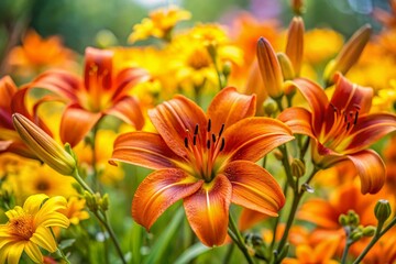 Naklejka premium Blooming Orange Lily Brunello and Yellow Coreopsis Garden Flowers