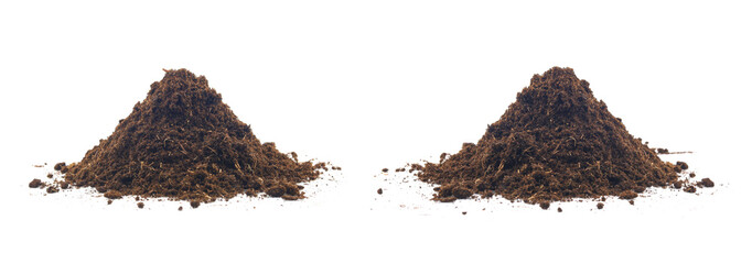 Compost pile from coconut fibers, close up of soil pile, isolated on white background