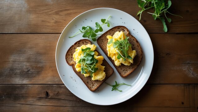 Scrambled Eggs Sandwiches for a nutritious keto breakfast. Whole grain toast topped with scrambled eggs and organic microgreens on a white plate, close up.