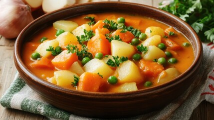 A bowl of vegan curry, filled with potatoes, carrots, peas, parsley, and pumpkin, is served on the kitchen table.