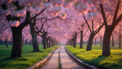 Scenic springtime landscape featuring a meandering garden pathway adorned by lovely trees in bloom.