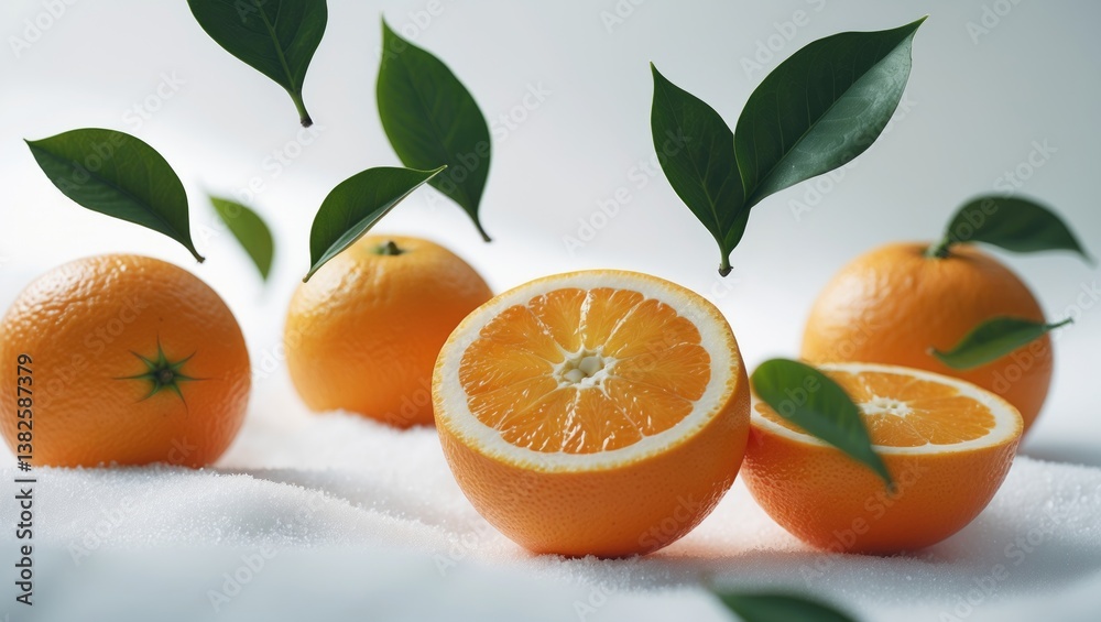 Poster orange with a halved section and floating leaves isolated on a white background.
